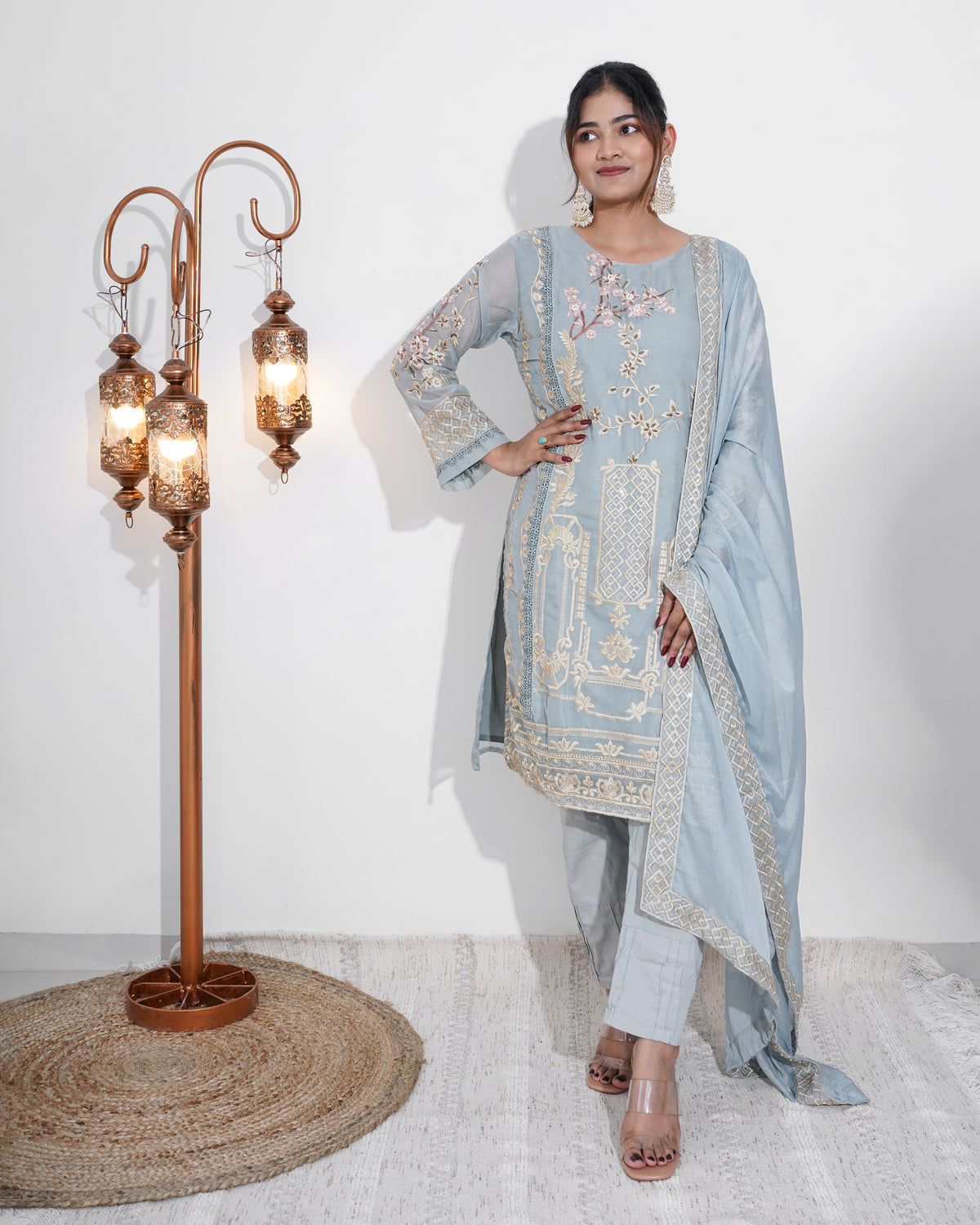 POWDER BLUE EMBROIDERED CHIFFON STITCHED SUIT SET | PAKISTANI SUIT