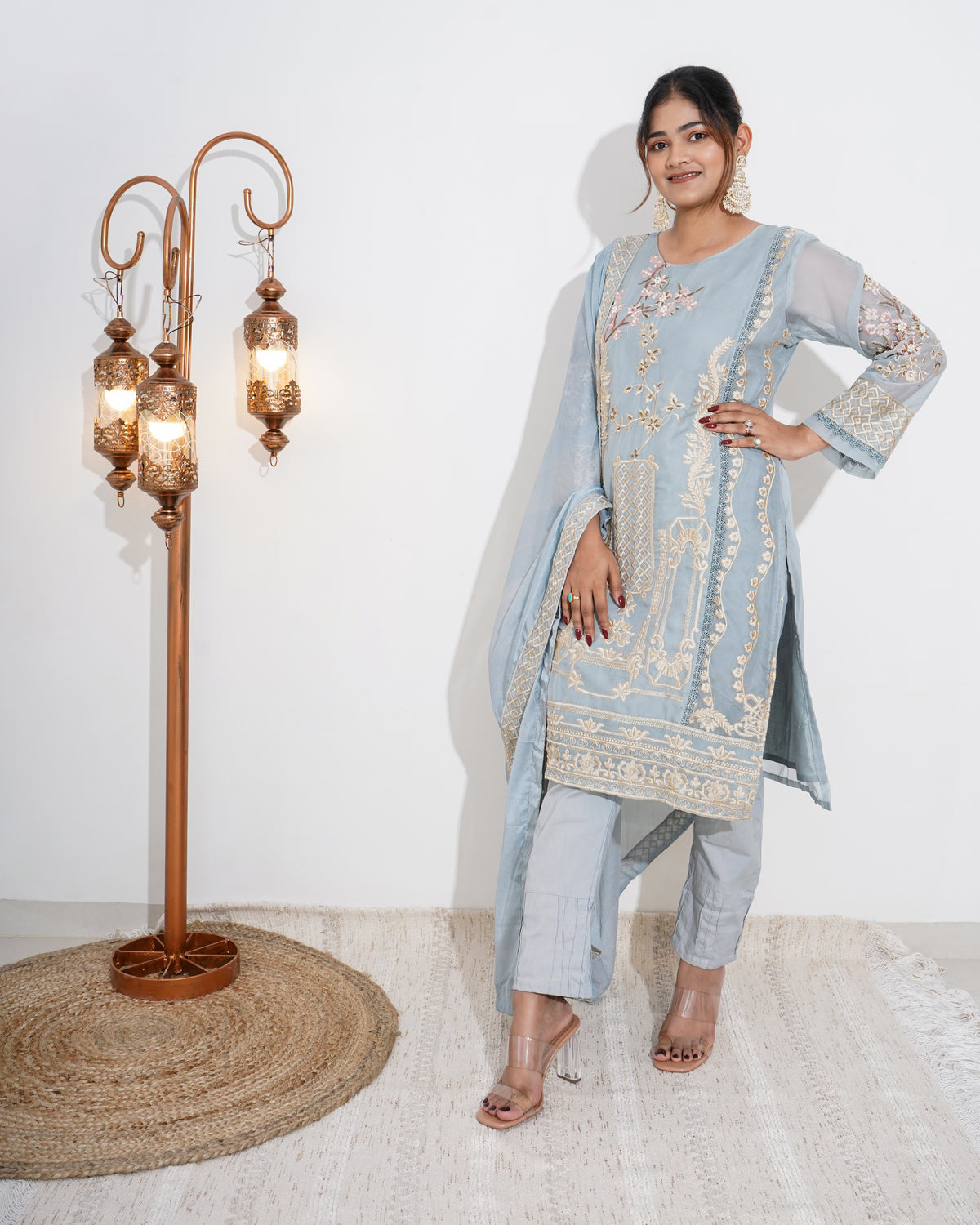 POWDER BLUE EMBROIDERED CHIFFON STITCHED SUIT SET | PAKISTANI SUIT