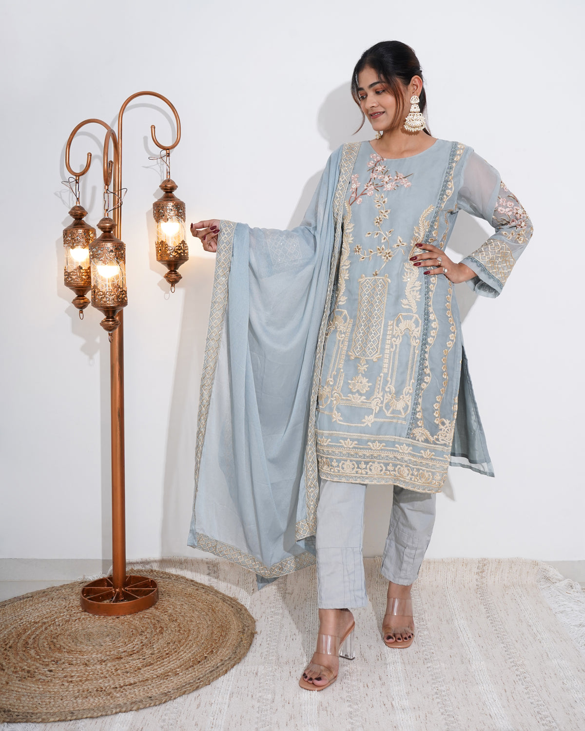 POWDER BLUE EMBROIDERED CHIFFON STITCHED SUIT SET | PAKISTANI SUIT