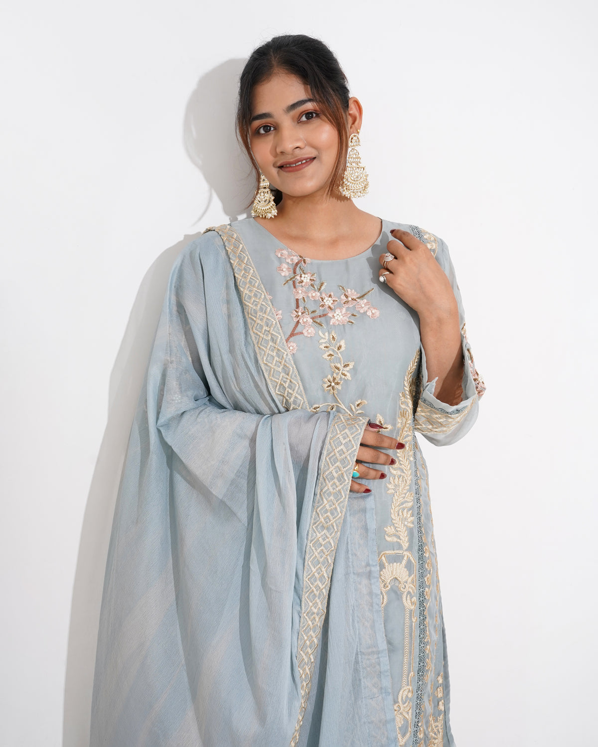 POWDER BLUE EMBROIDERED CHIFFON STITCHED SUIT SET | PAKISTANI SUIT