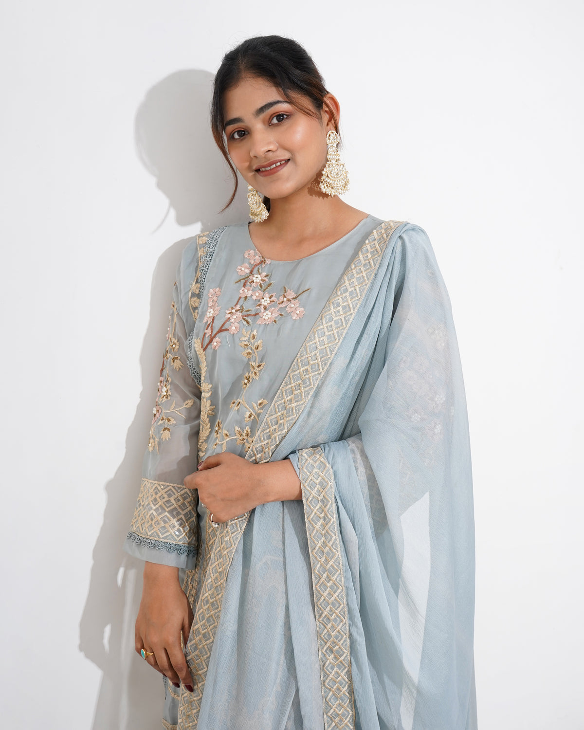 POWDER BLUE EMBROIDERED CHIFFON STITCHED SUIT SET | PAKISTANI SUIT