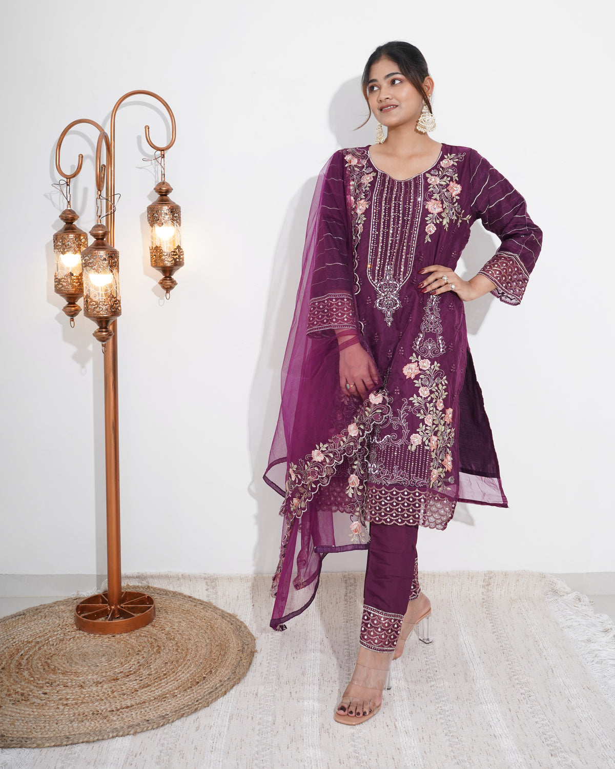 PURPLE FLORAL PRINTED ORGANZA STITCHED SUIT SET | PAKISTANI SUIT