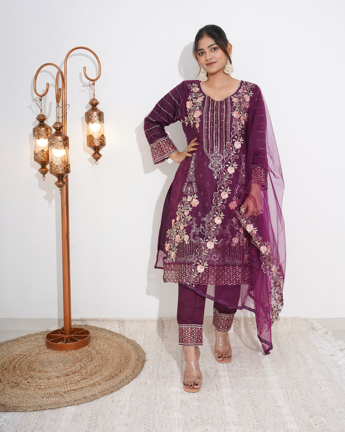 PURPLE FLORAL PRINTED ORGANZA STITCHED SUIT SET | PAKISTANI SUIT