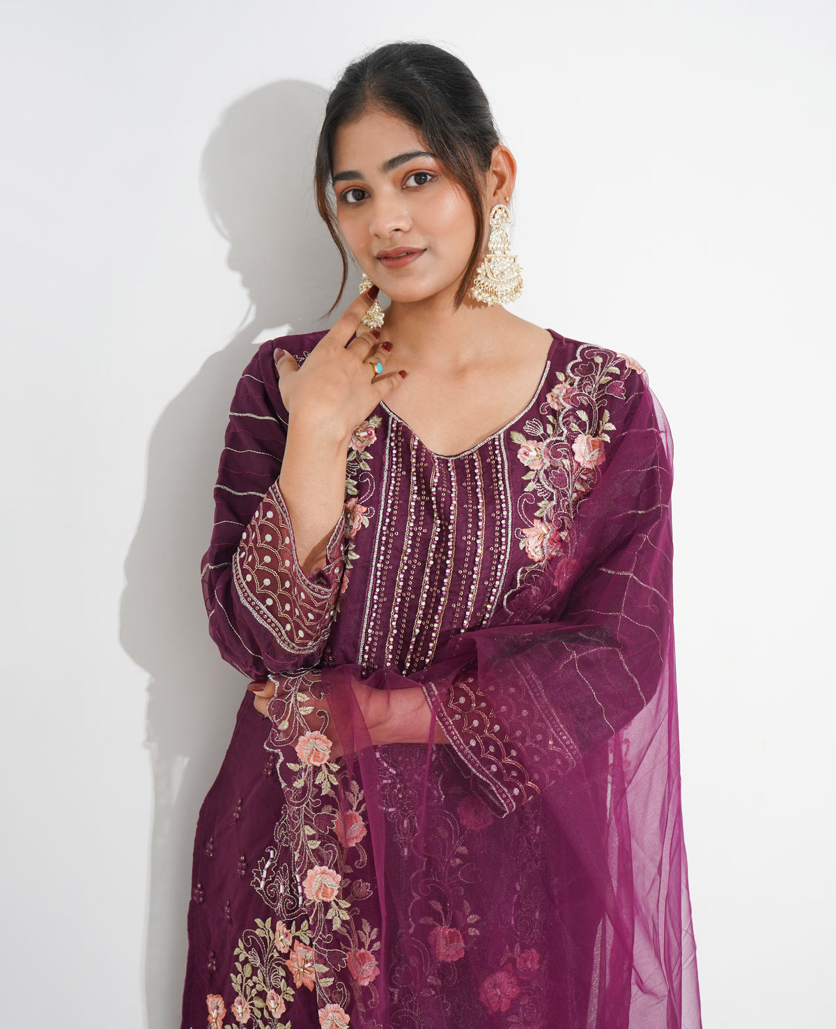 PURPLE FLORAL PRINTED ORGANZA STITCHED SUIT SET | PAKISTANI SUIT