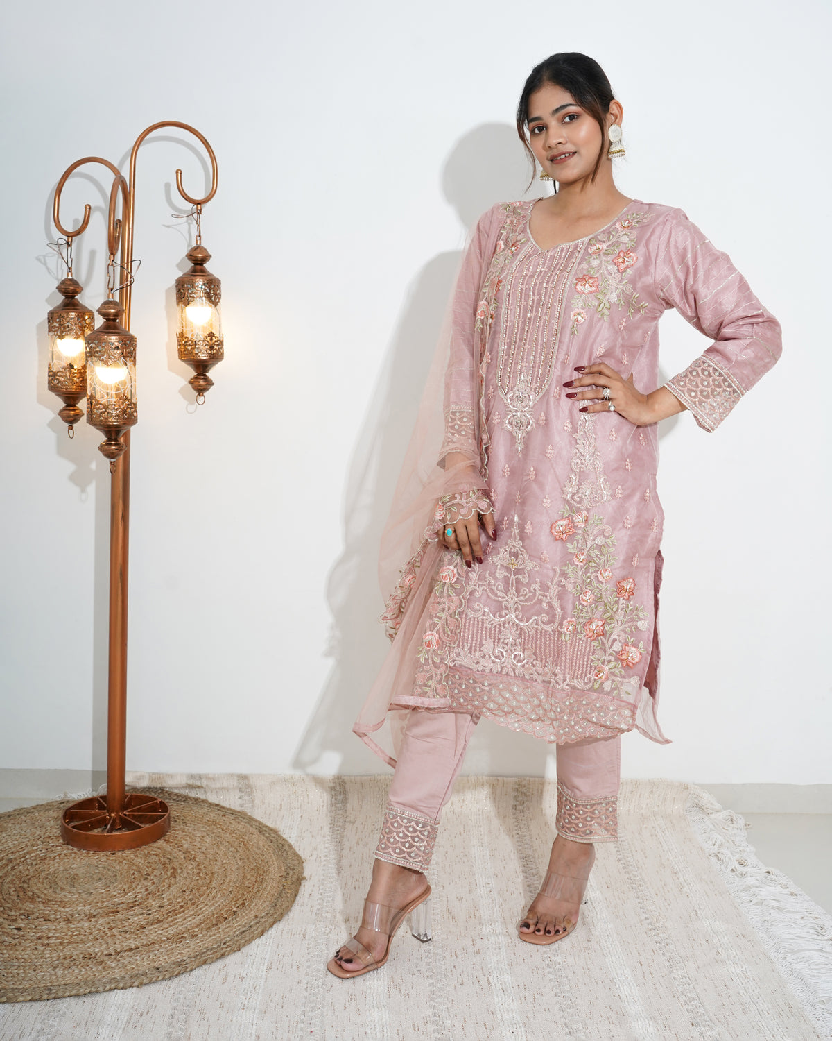 PINK ORGANZA EMBROIDERED STITCHED SUIT SET | PAKISTANI SUIT