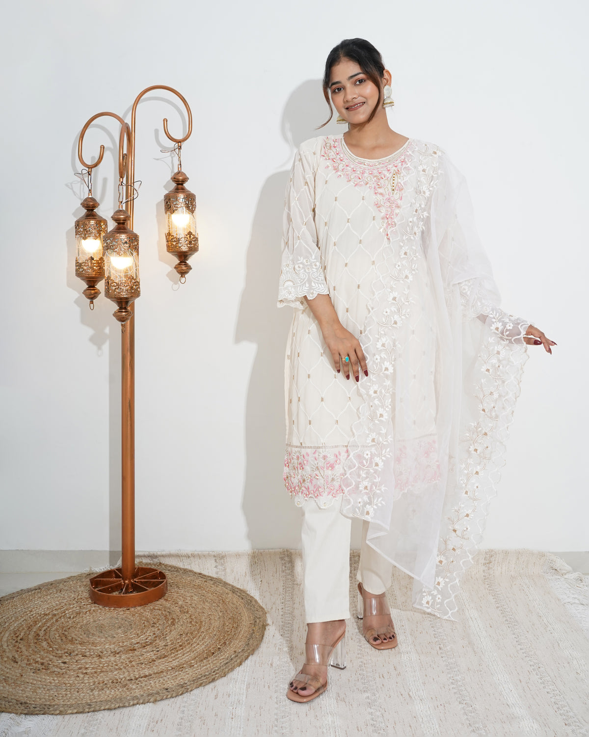 WHITE GEORGETTE EMBROIDERED STITCHED SUIT SET | PAKISTANI SUIT