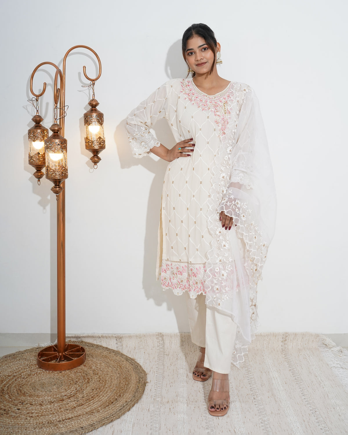 WHITE GEORGETTE EMBROIDERED STITCHED SUIT SET | PAKISTANI SUIT