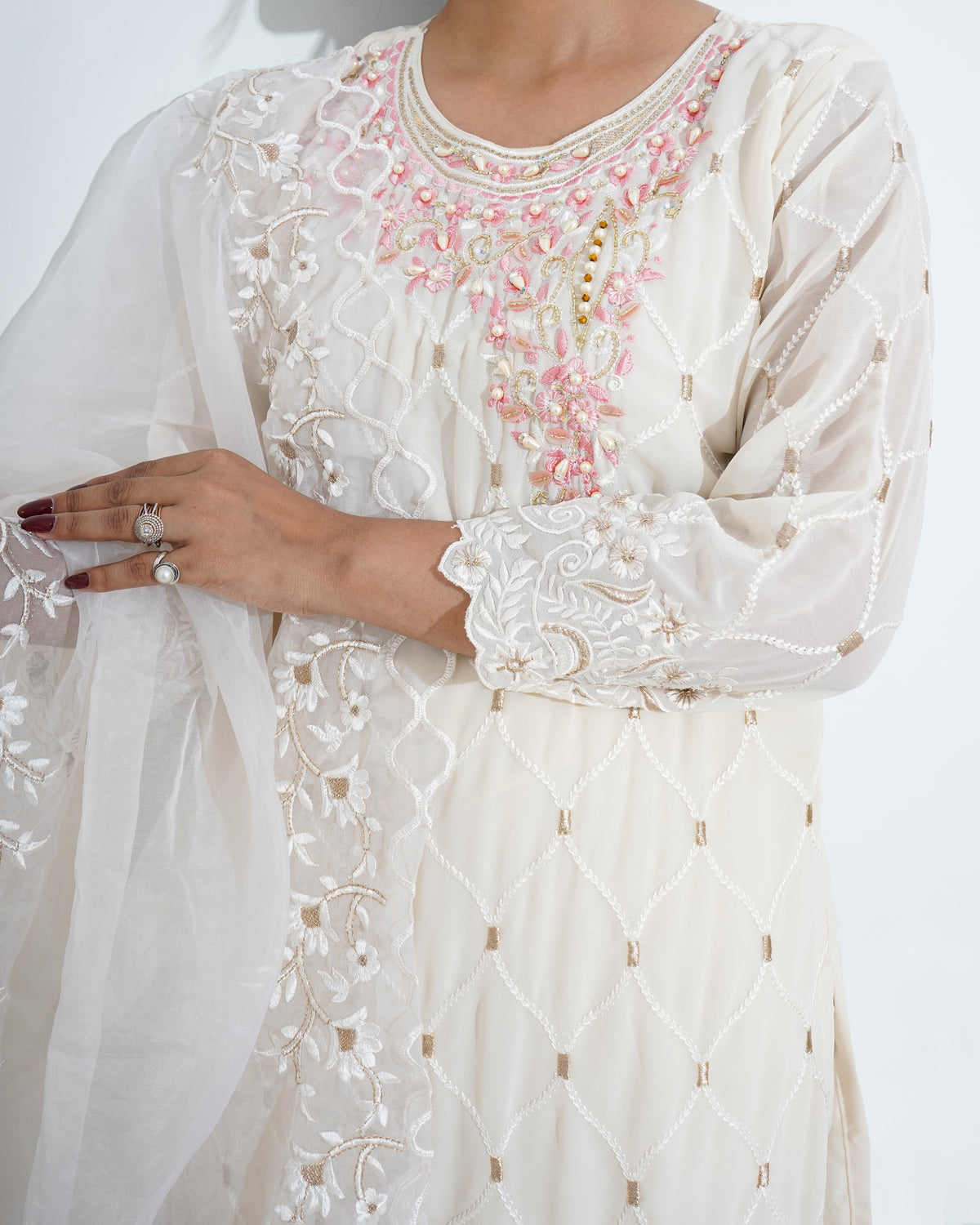 WHITE GEORGETTE EMBROIDERED STITCHED SUIT SET | PAKISTANI SUIT