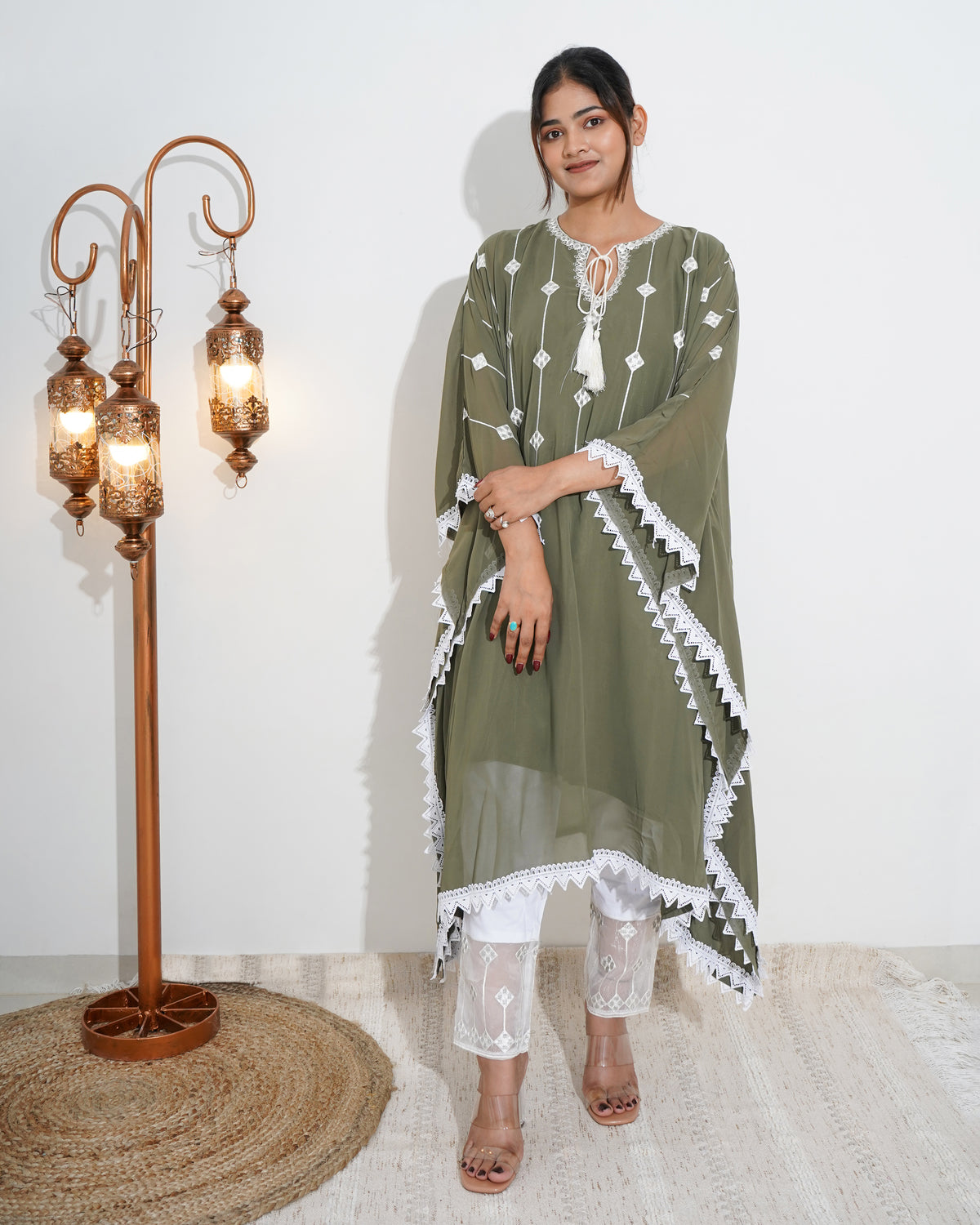 OLIVE GREEN EMBROIDERED KAFTAN