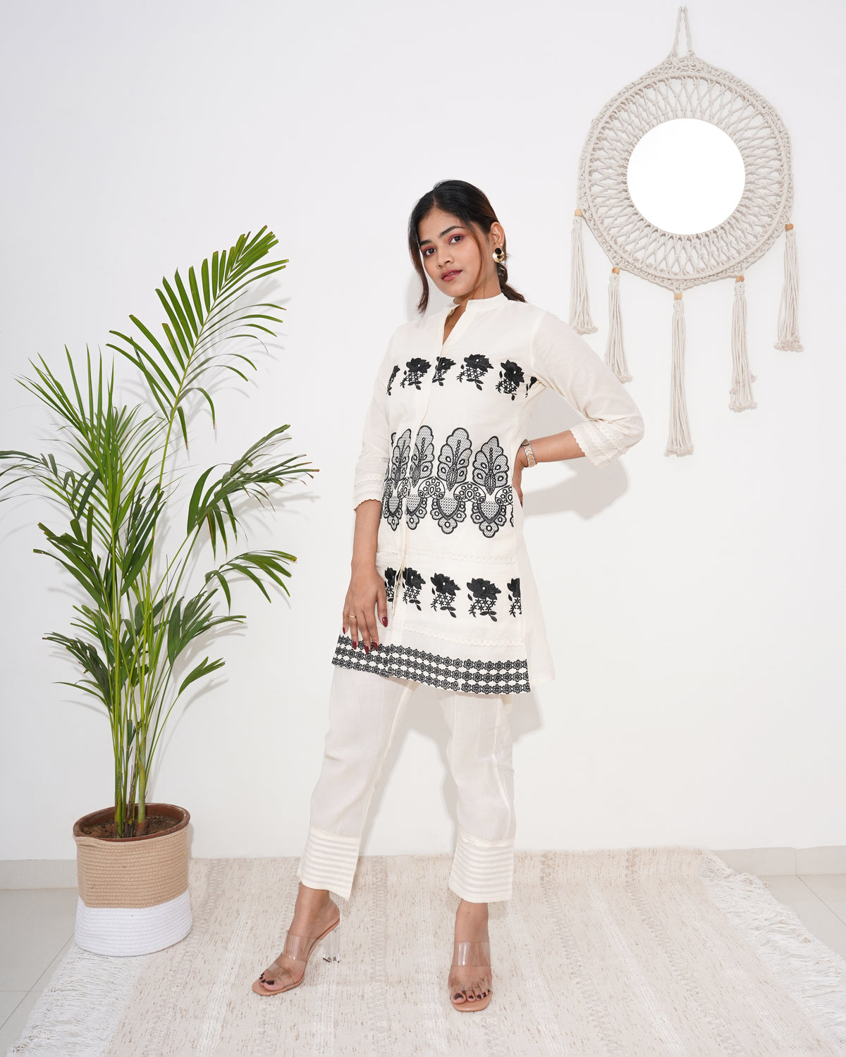 WHITE CO-ORD SET WITH BLACK EMBROIDERY