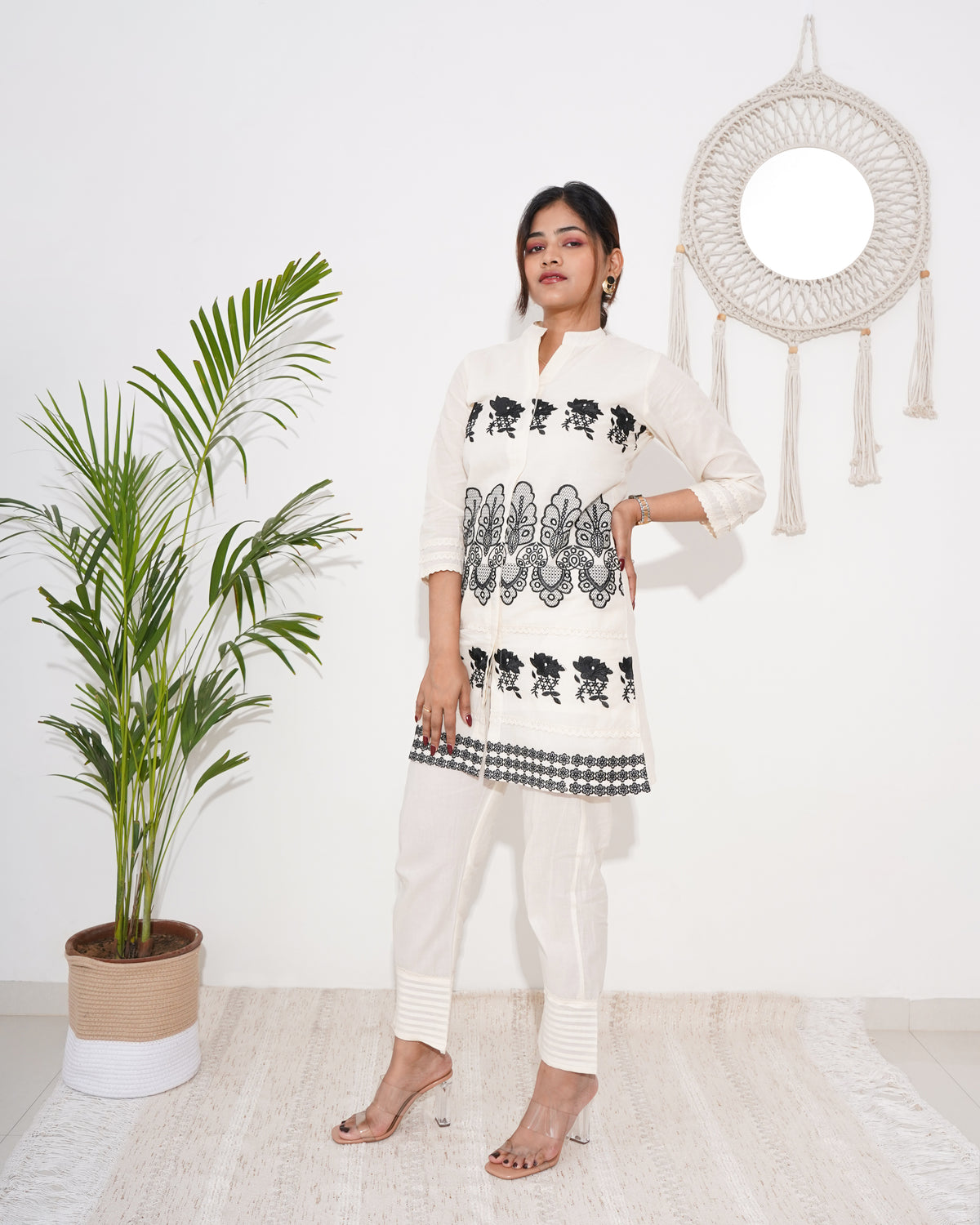 WHITE CO-ORD SET WITH BLACK EMBROIDERY