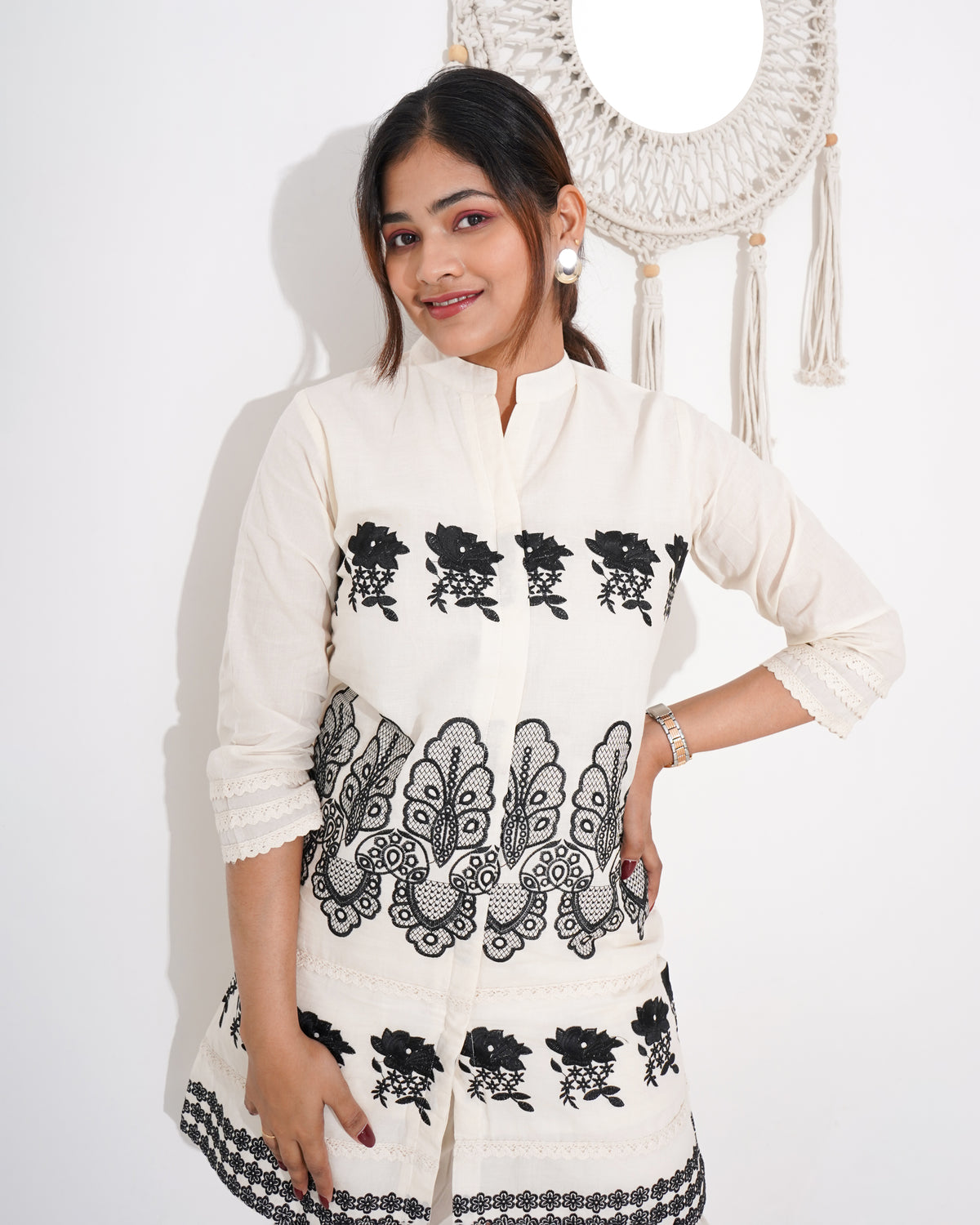 WHITE CO-ORD SET WITH BLACK EMBROIDERY