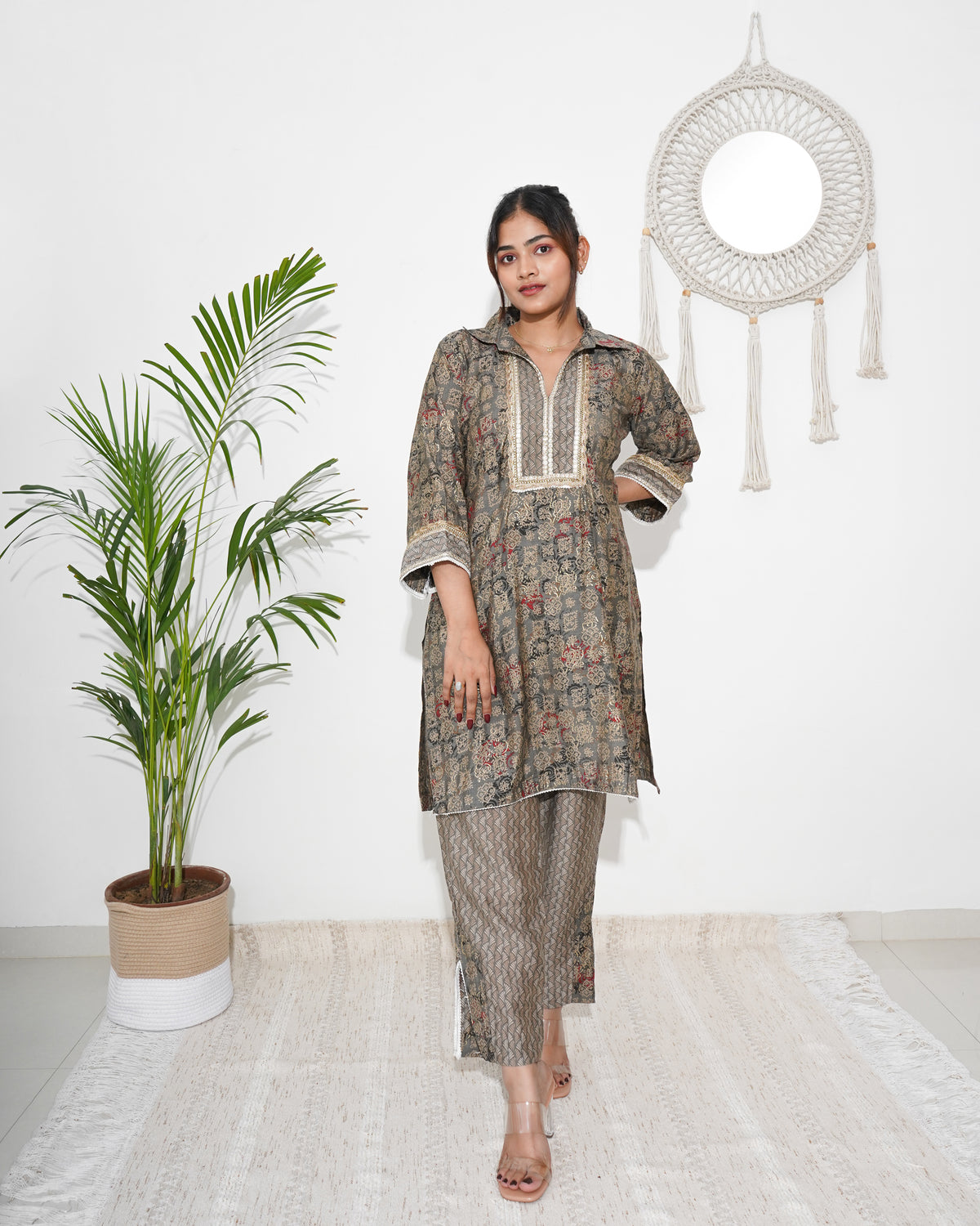 GREY & BROWN DIGITAL PRINT CO-ORD SET WITH GOLDEN WORK