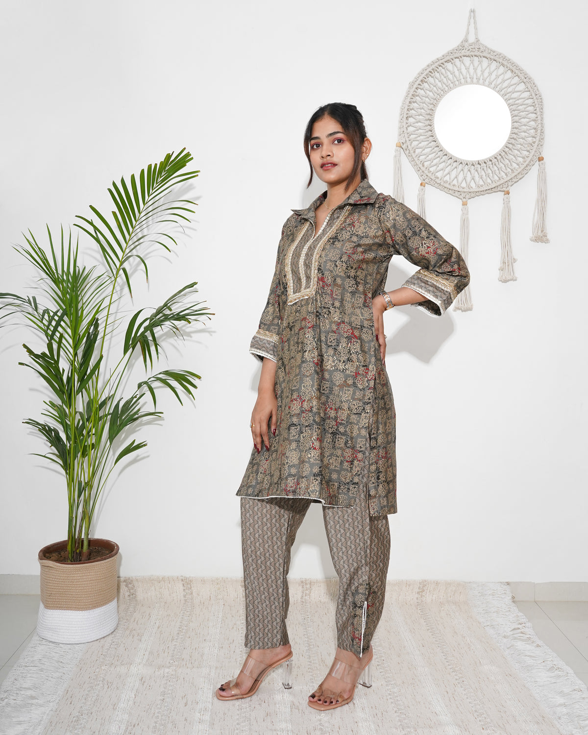 GREY & BROWN DIGITAL PRINT CO-ORD SET WITH GOLDEN WORK