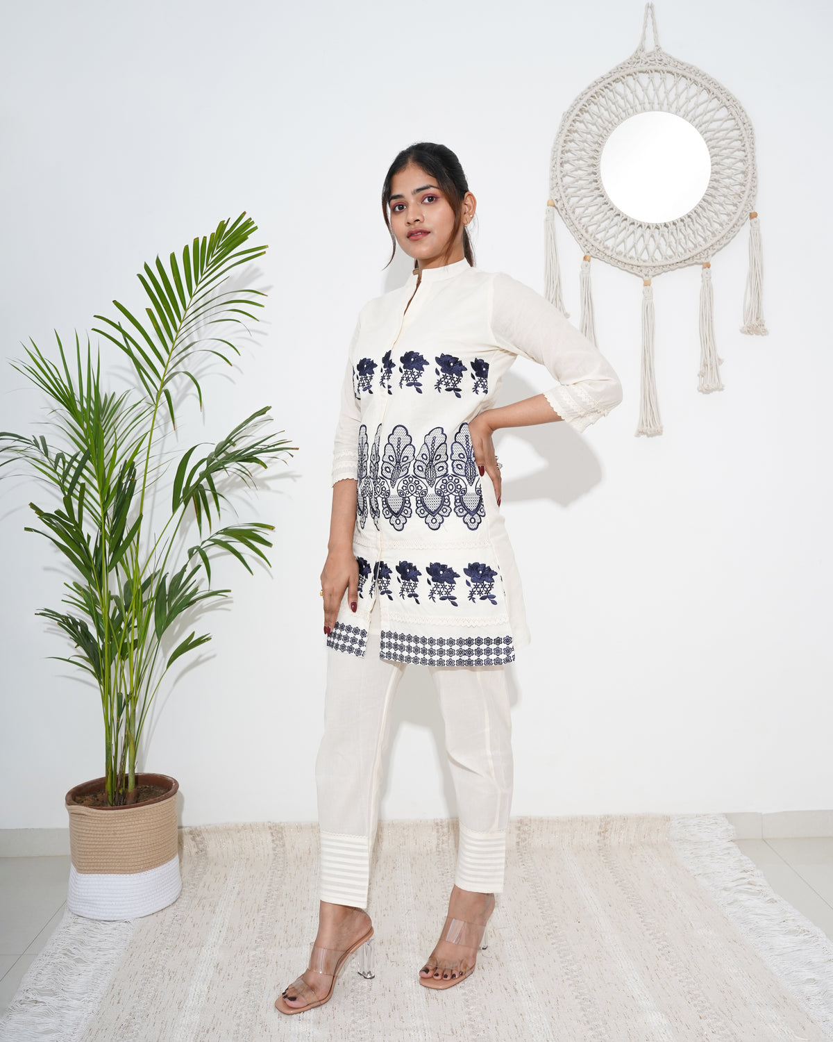 WHITE CO-ORD SET WITH DARK BLUE EMBROIDERY