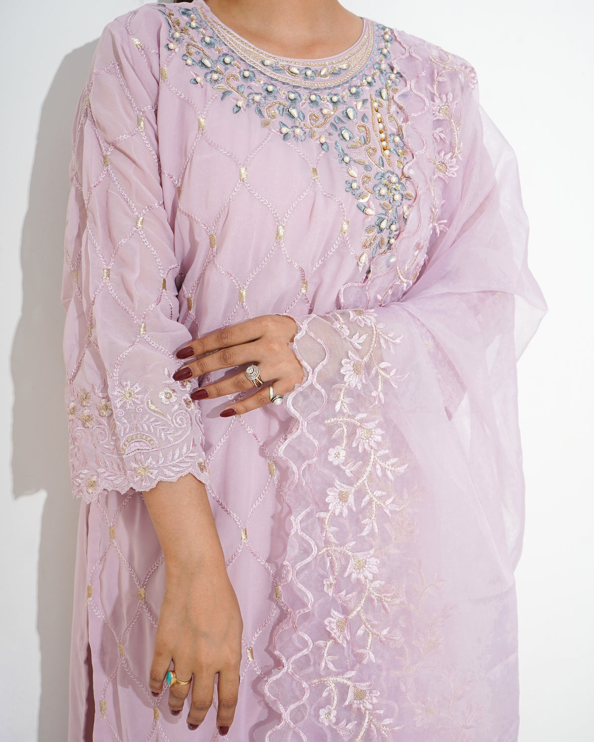 PINK GEORGETTE EMBROIDERED STITCHED SUIT SET | PAKISTANI SUIT