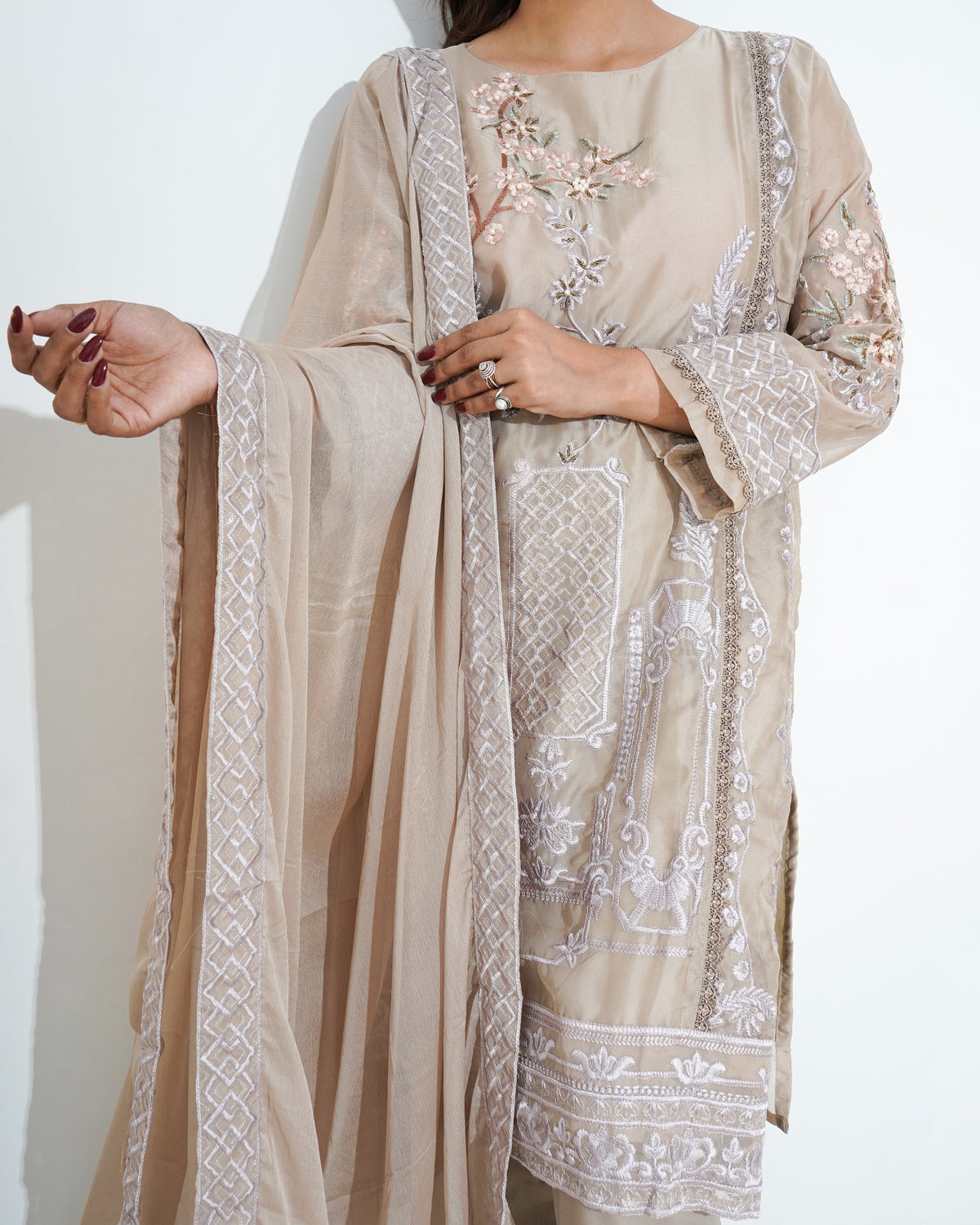 LIGHT BROWN CHIFFON STITCHED SUIT SET | PAKISTANI SUIT