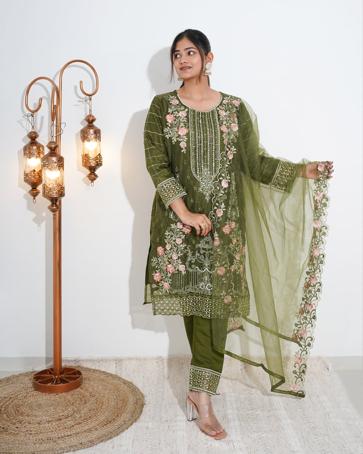 MEHENDI GREEN ORGANZA EMBROIDERED STITCHED SUIT SET | PAKISTANI SUIT