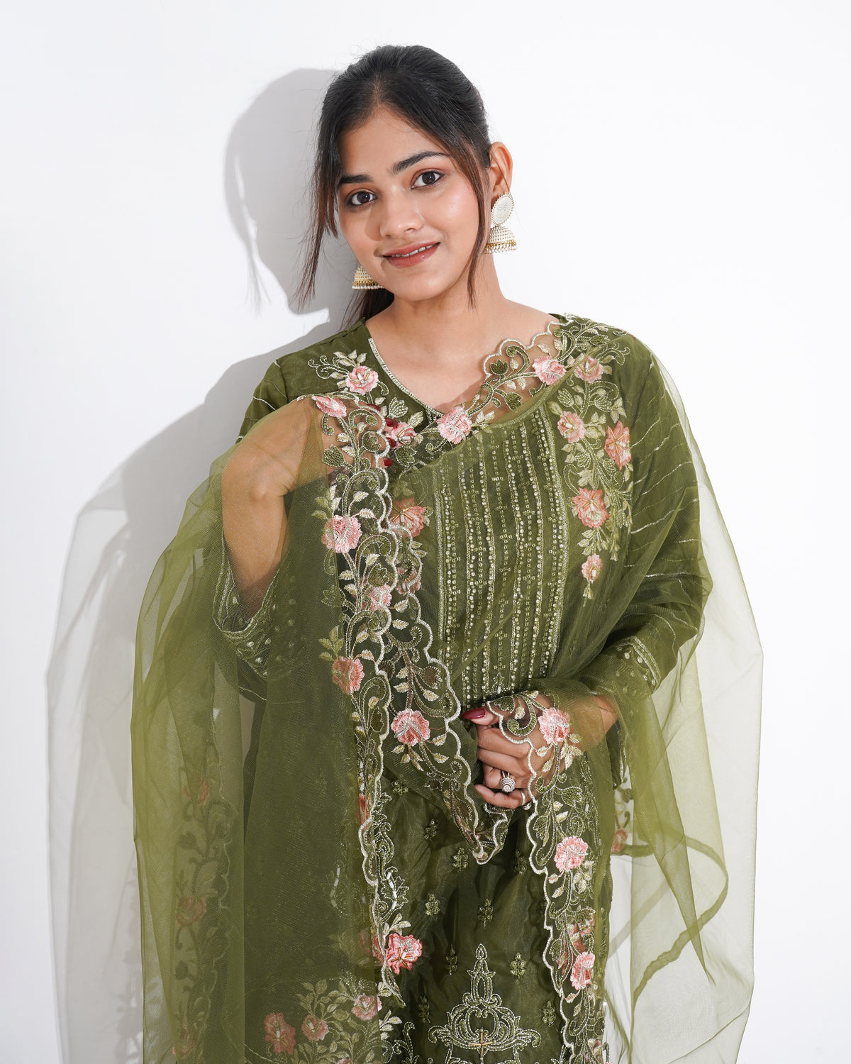 MEHENDI GREEN ORGANZA EMBROIDERED STITCHED SUIT SET | PAKISTANI SUIT