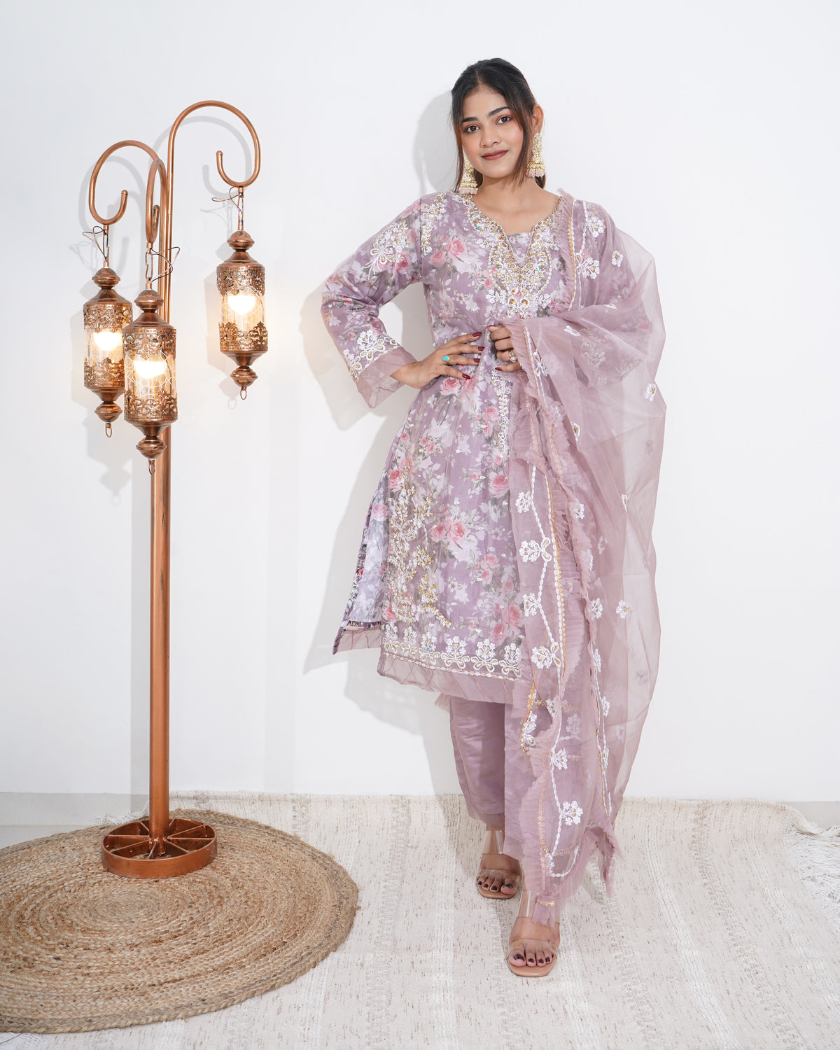 PINK FLORAL PRINTED ORGANZA | PAKISTANI SUIT