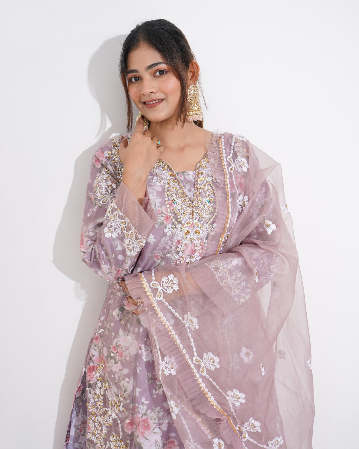 PINK FLORAL PRINTED ORGANZA | PAKISTANI SUIT